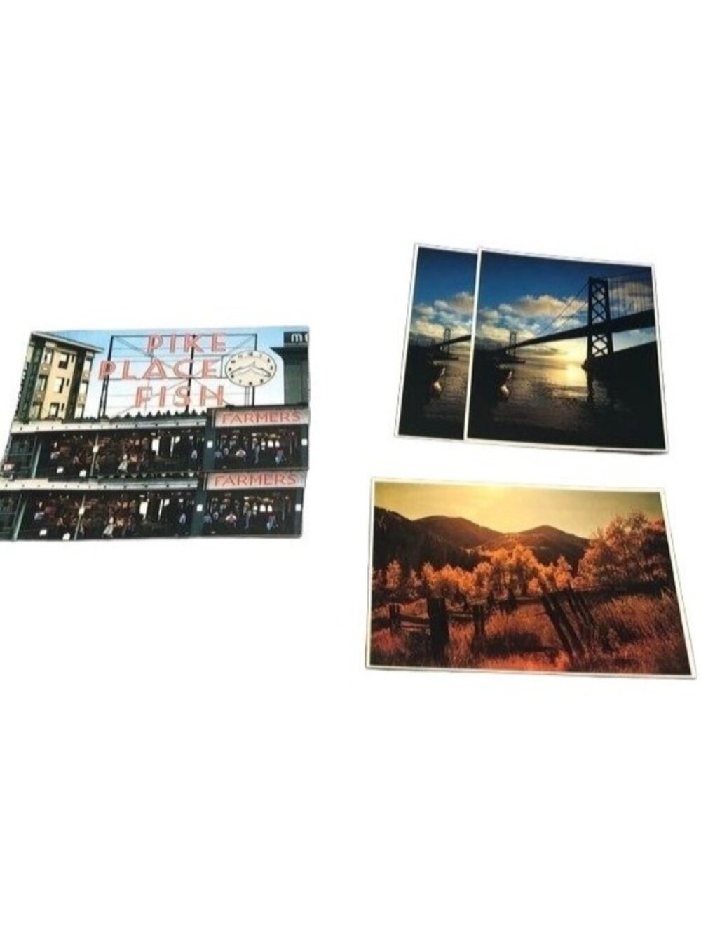 vintage set of 5 post cards San Fransico bridge pike place fish farmers READ